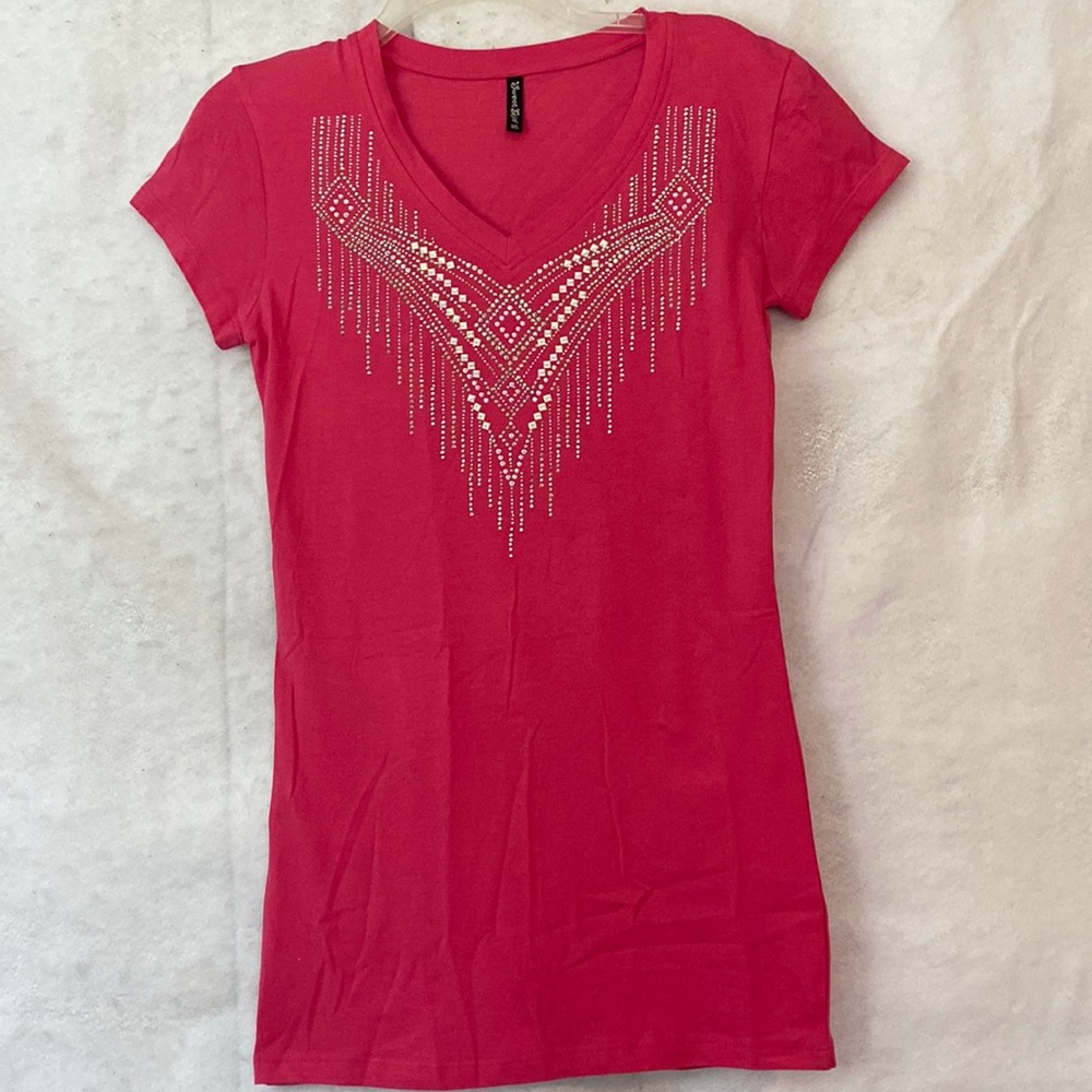 Salmon Pink Rhinestone & Iridescent Beaded V-Neck Stretch Pullover Top  1XL